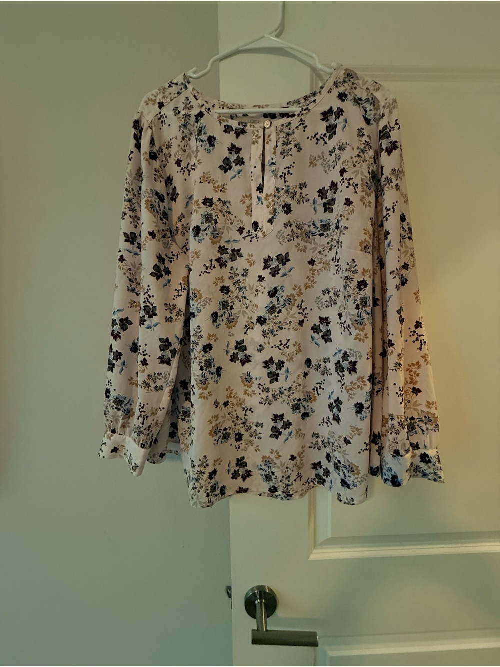 LOFT Cream Floral Henley Blouse with Blue and Tan Accents